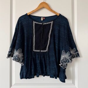 Anthropologie Pilcro Navy Embroidered Blouse with White Floral Trim